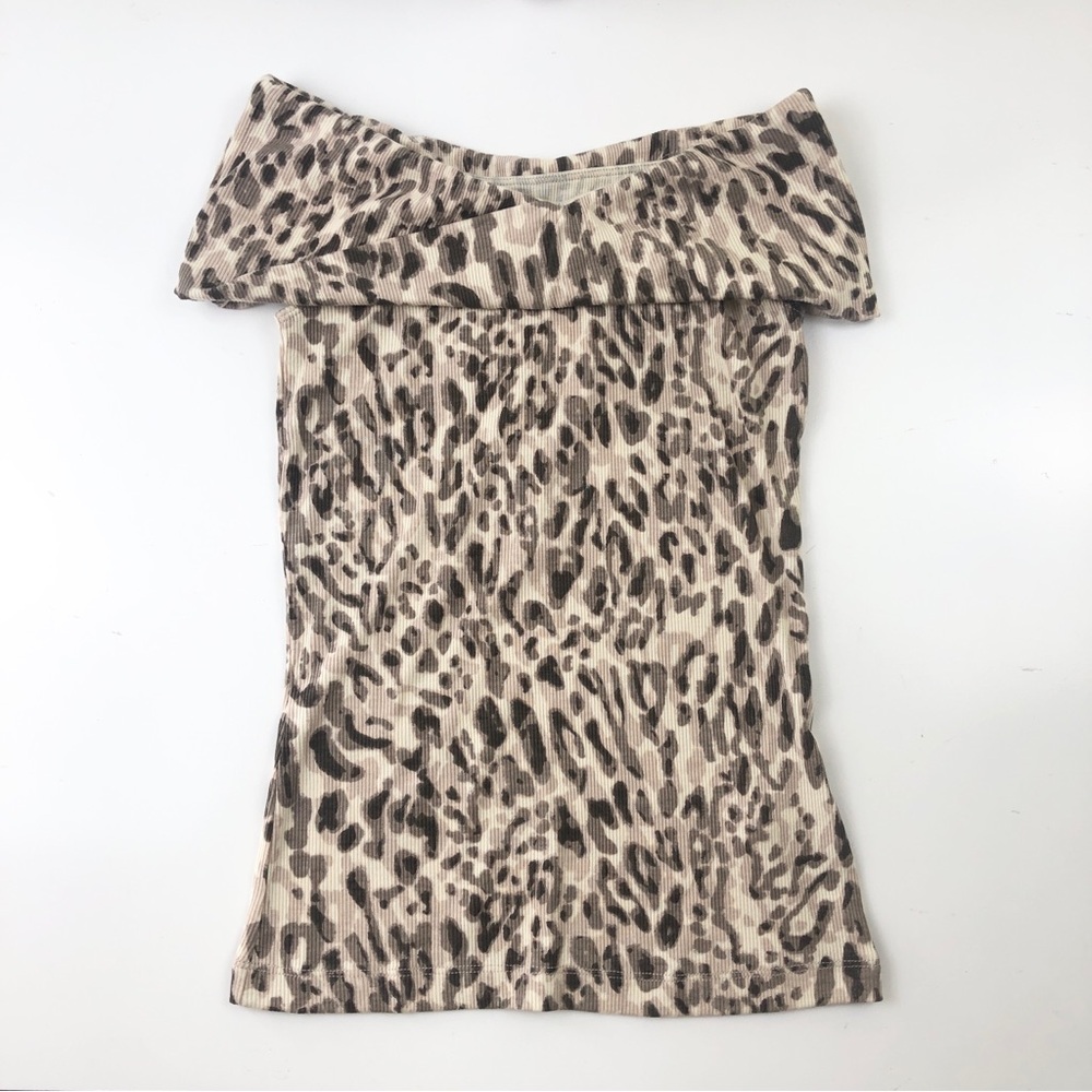 NEW Anthropologie Pilcro Off The Shoulder Twist Rib Top Size XXS Leopard Print